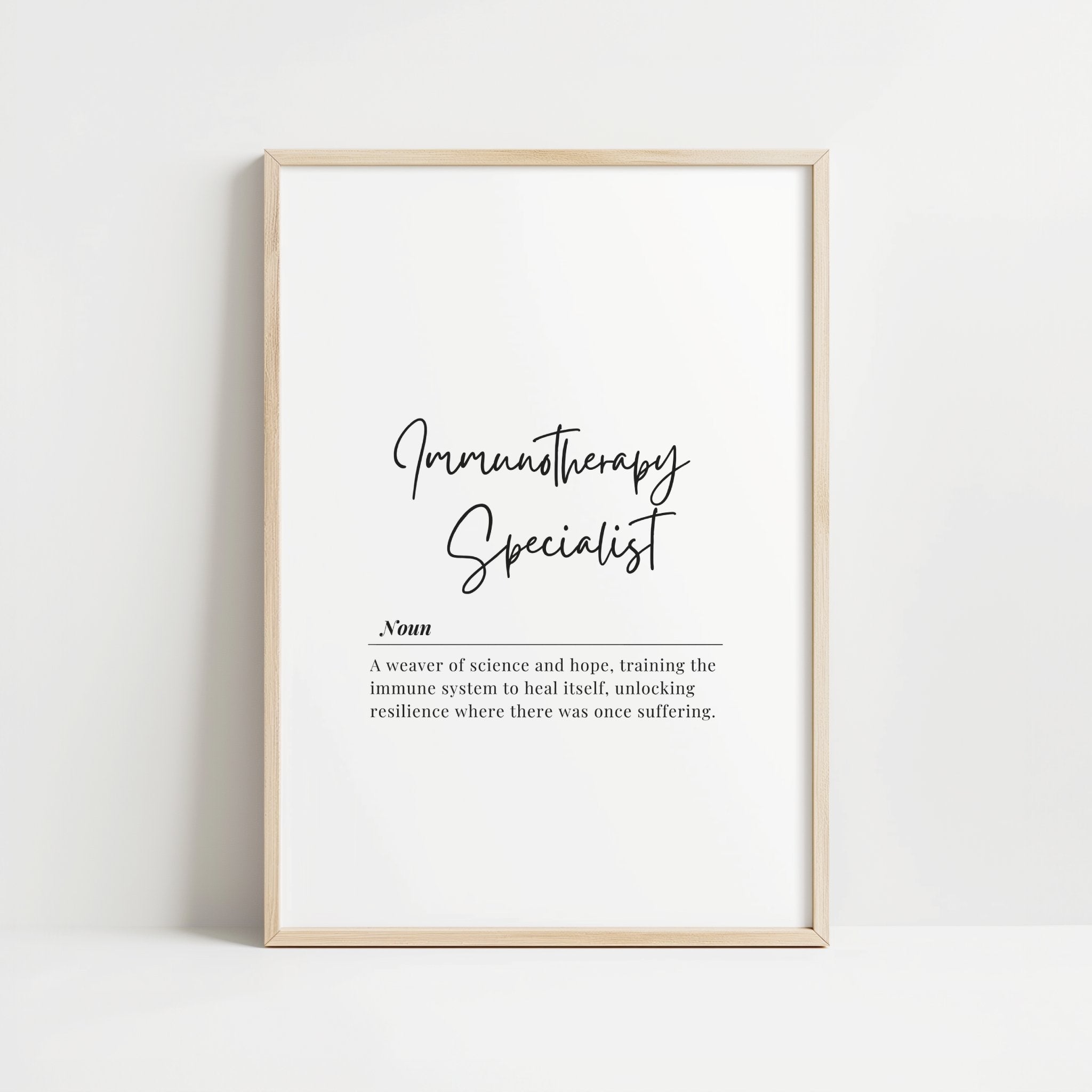 Bold script typography displaying 'Immunotherapy Specialist' on white background with serif font definition describing the role as a weaver of science and hope training immune systems to heal themselves.
