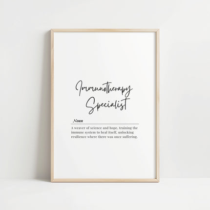 Bold script typography displaying 'Immunotherapy Specialist' on white background with serif font definition describing the role as a weaver of science and hope training immune systems to heal themselves.
