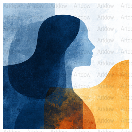 Minimalist silhouette figure against textured backdrop with midnight blue and burnt orange tones, creating a contemplative abstract composition with overlapping geometric forms and harmonious contrasts.