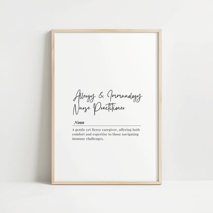 Minimalist typography print featuring 'Allergy & Immunology Nurse Practitioner' definition in elegant script and serif fonts on crisp white background with wooden frame Minimalist Medical Definition Print – Allergy Immunology Nurse Practitioner Wall Art Digital Download ff12de-46.myshopify.com