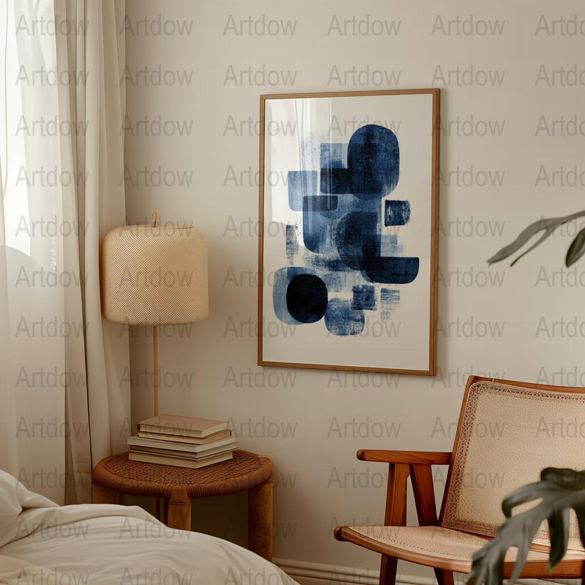 Abstract Blue Art Print, Modern Minimalist Wall Decor, Framed Home Office Artwork, Living Room Interior Design