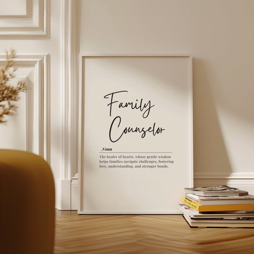 Black and white minimalist print featuring 'Family Counselor' definition in elegant script font against white background, creating a calming professional aesthetic with Scandinavian design influence.