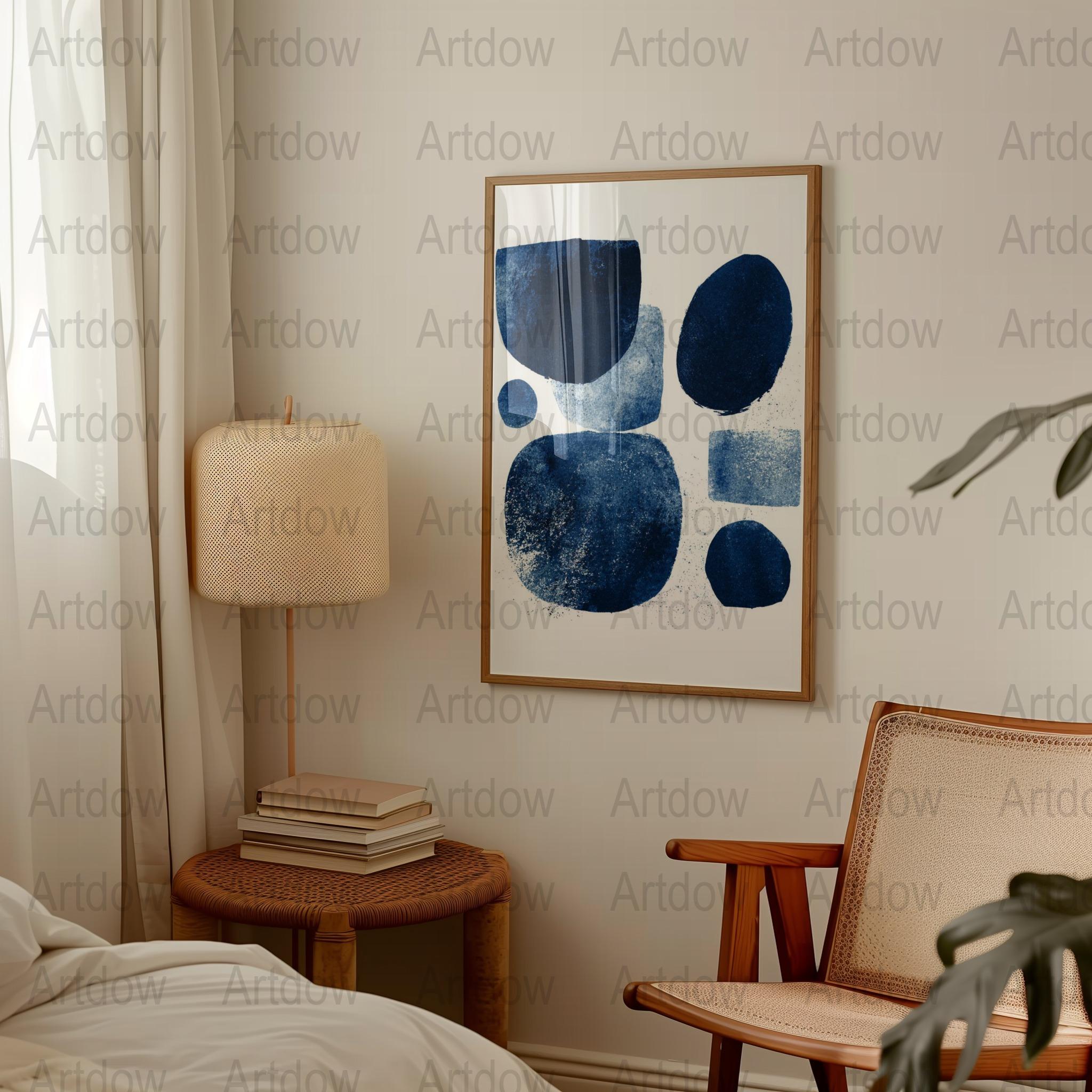 Abstract geometric navy blue and indigo shapes against white background with soft textures creating a calming modern minimalist design perfect for contemporary spaces.