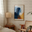 Minimalist silhouette figure against textured backdrop with midnight blue and burnt orange tones, creating a contemplative abstract composition with overlapping geometric forms and harmonious contrasts.