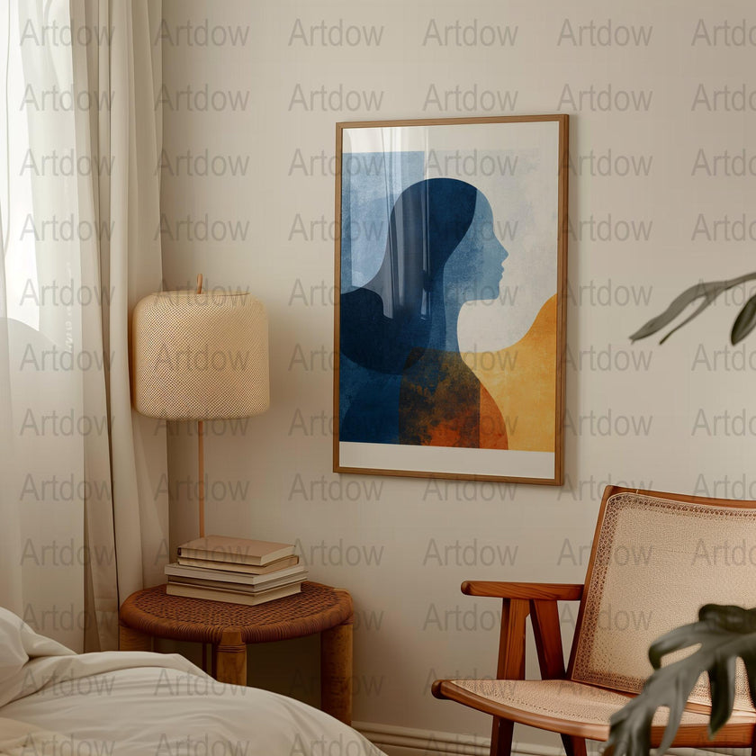 Minimalist silhouette figure against textured backdrop with midnight blue and burnt orange tones, creating a contemplative abstract composition with overlapping geometric forms and harmonious contrasts.