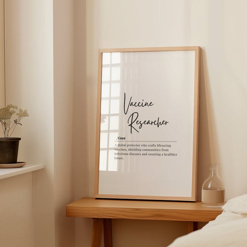 Minimalist black script typography featuring 'Vaccine Researcher' definition against white background, describing global protectors crafting lifesaving vaccines, designed for professional medical spaces.