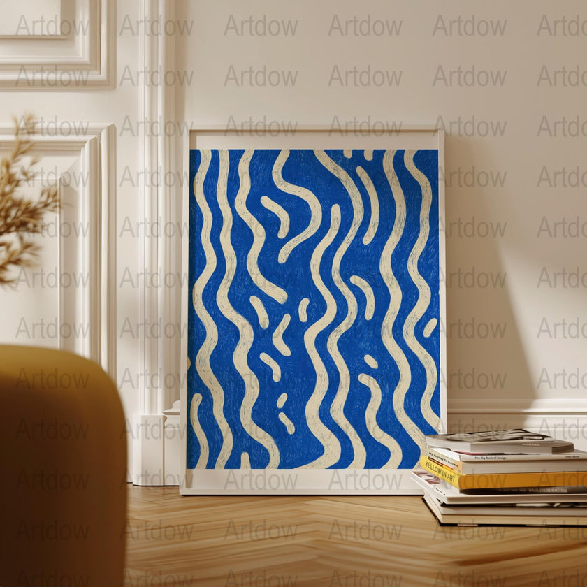 Abstract Blue and White Waves Canvas Art, Modern Wall Decor, Large Print, Minimalist Home Interior Design