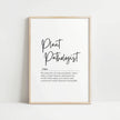 Black script typography defining 'Plant Pathologist' on white background with serif text explaining their role in protecting crops and maintaining ecosystem balance, framed in wood with Scandinavian minimalist design