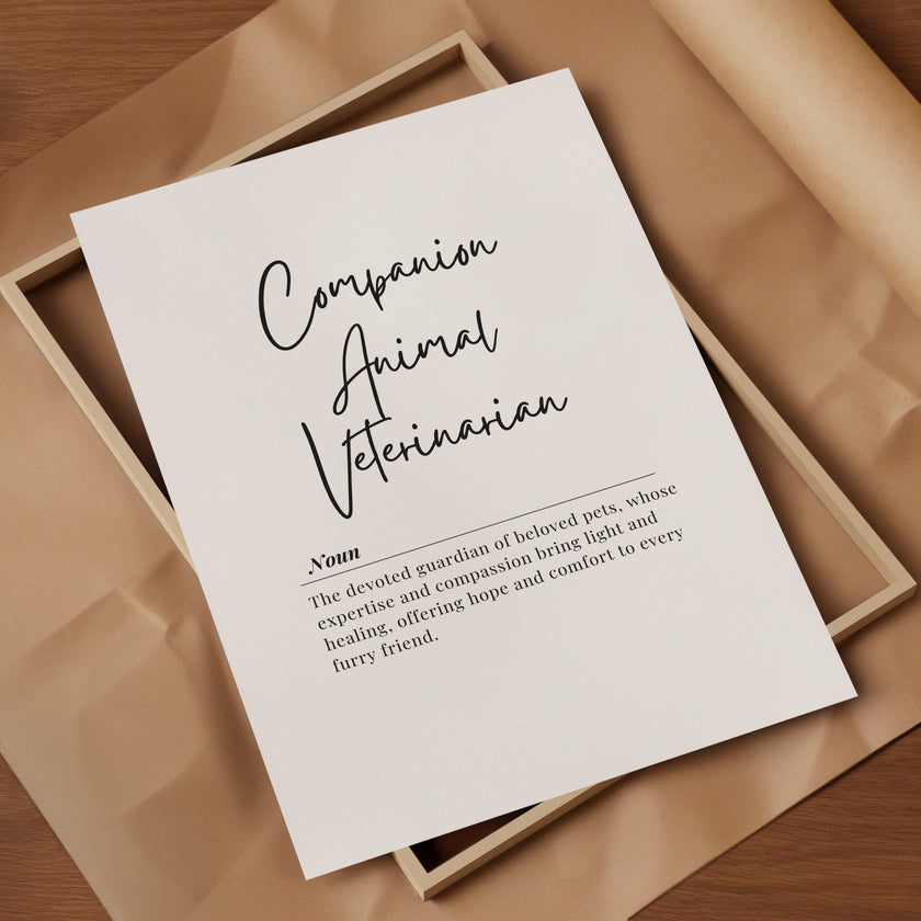 Black minimalist typography print featuring 'Companion Animal Veterinarian' in elegant script and serif fonts on white background, conveying warmth and professionalism perfect for modern clinic spaces.