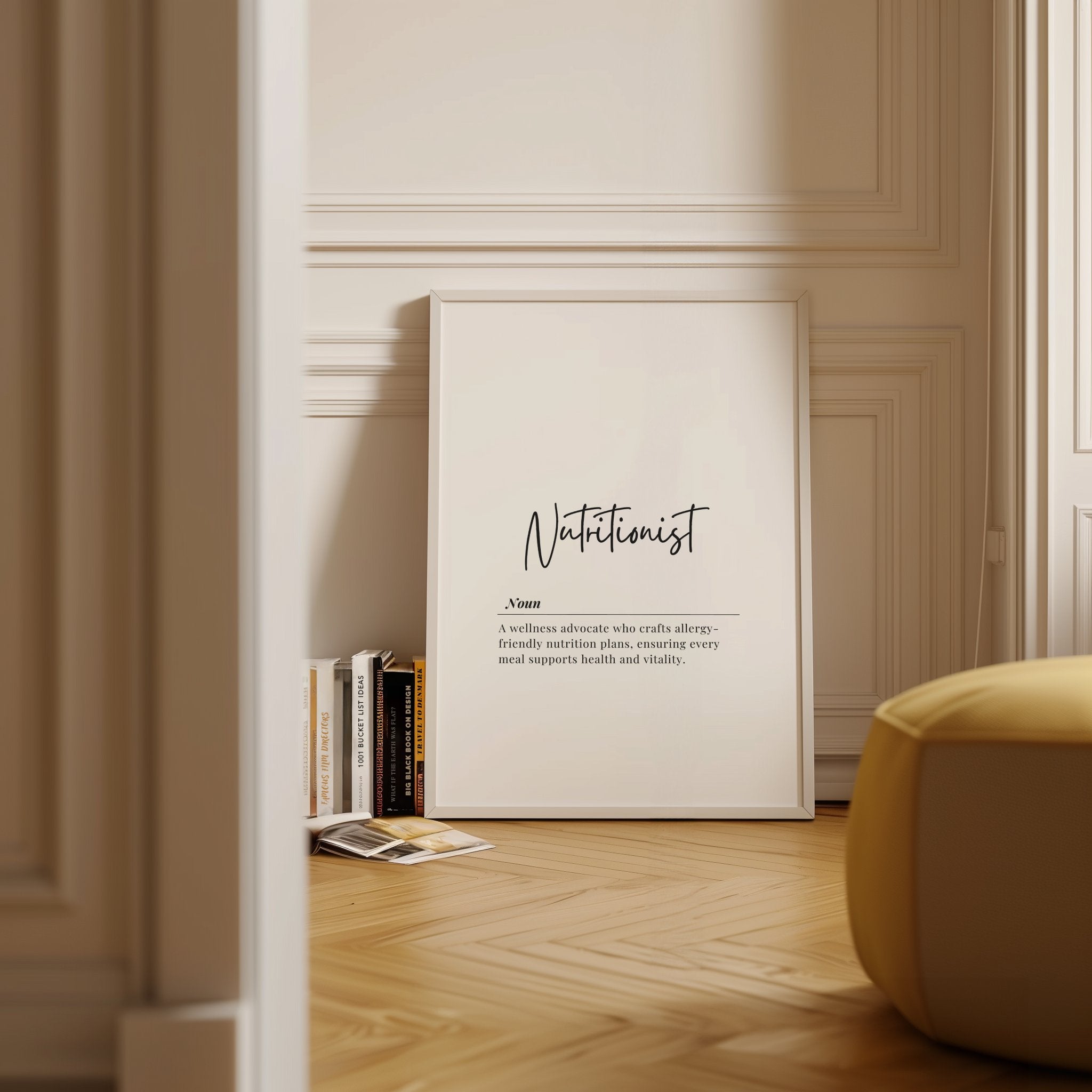 Minimalist black and white typography print featuring 'Nutritionist' in stylish script with its definition, showcasing clean lines and balanced layout ideal for professional healthcare environments.