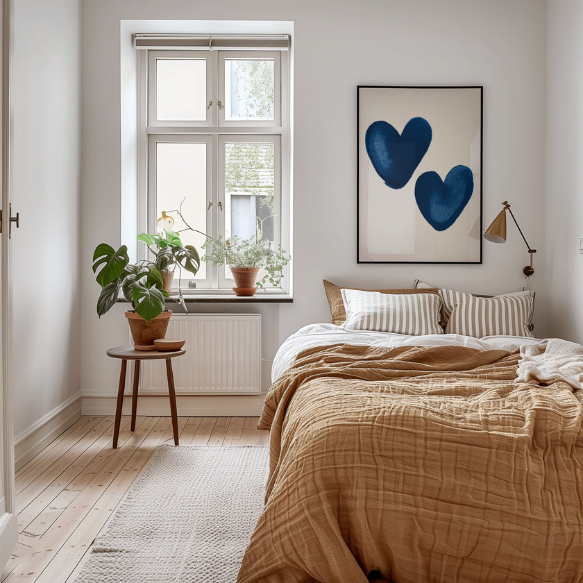 Modern Bedroom Wall Art, Blue Heart Prints, Minimalist Decor, Scandinavian Style, Home Interior Design, Large Framed Artwork
