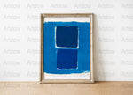 Modern abstract digital print featuring overlapping dark blue rectangles with vibrant azure and cobalt tones against textured white background, creating a serene yet sophisticated geometric composition.