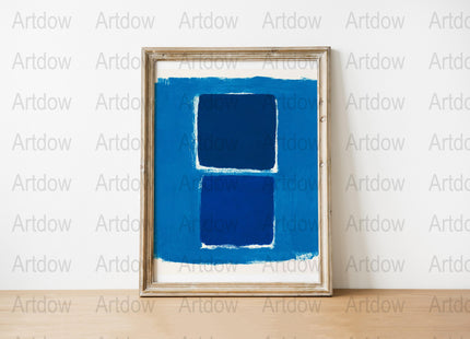 Modern abstract digital print featuring overlapping dark blue rectangles with vibrant azure and cobalt tones against textured white background, creating a serene yet sophisticated geometric composition.