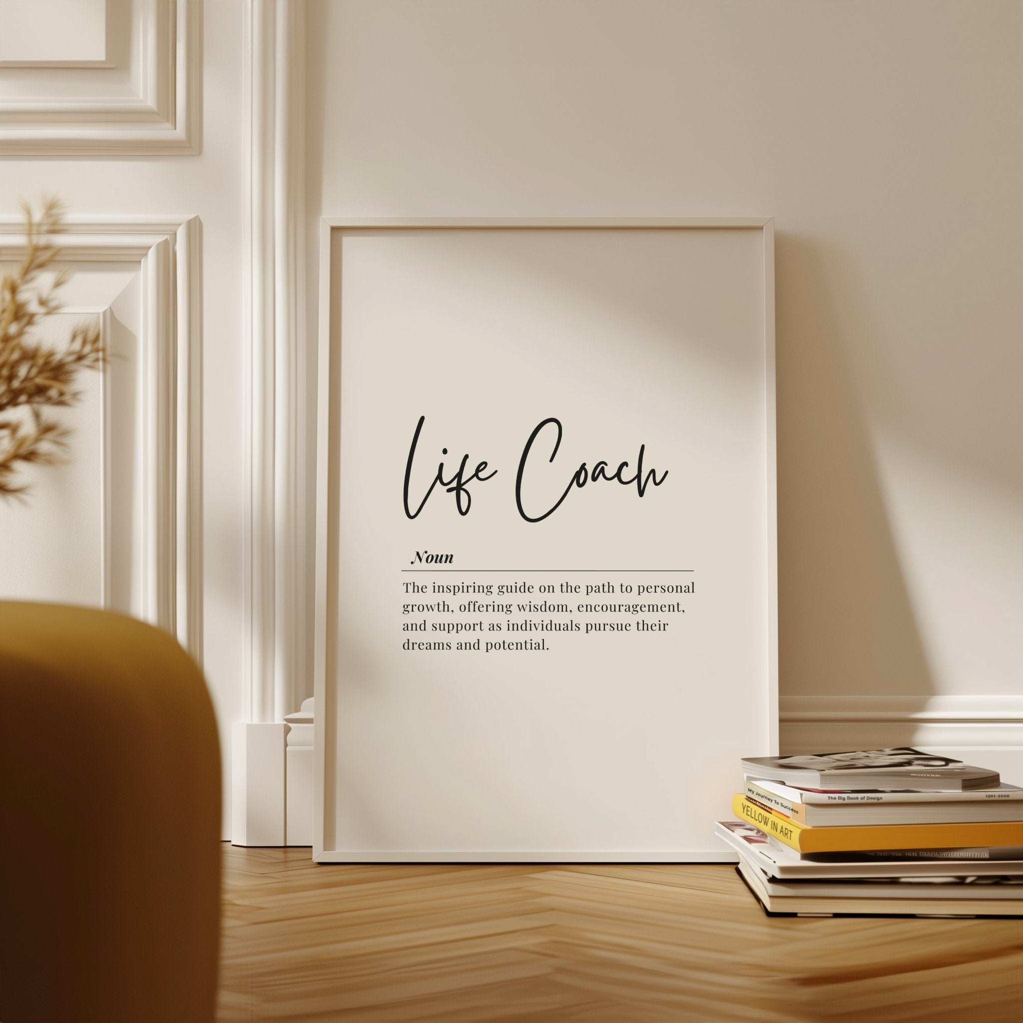 Minimalist black and white typography print featuring 'Life Coach' in elegant script and its definition in serif font against a clean white background, perfect for inspiring professional spaces.