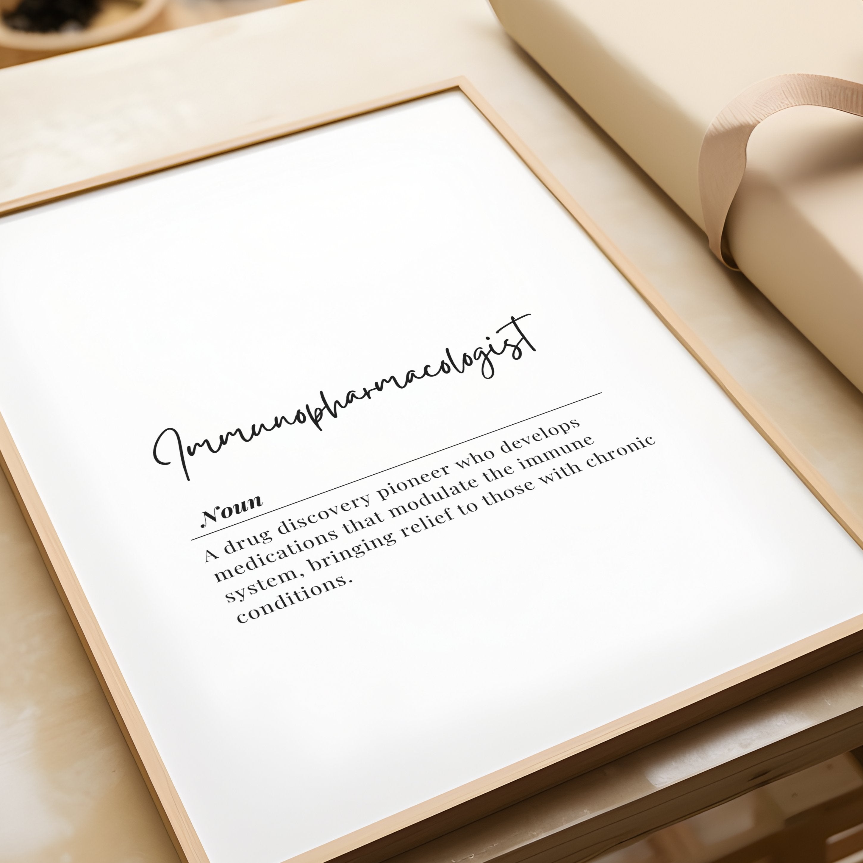 Minimalist black and white typographic print featuring 'Immunopharmacologist' in stylish script with definition in serif font, creating a sophisticated medical office decor piece with clean Scandinavian aesthetics.