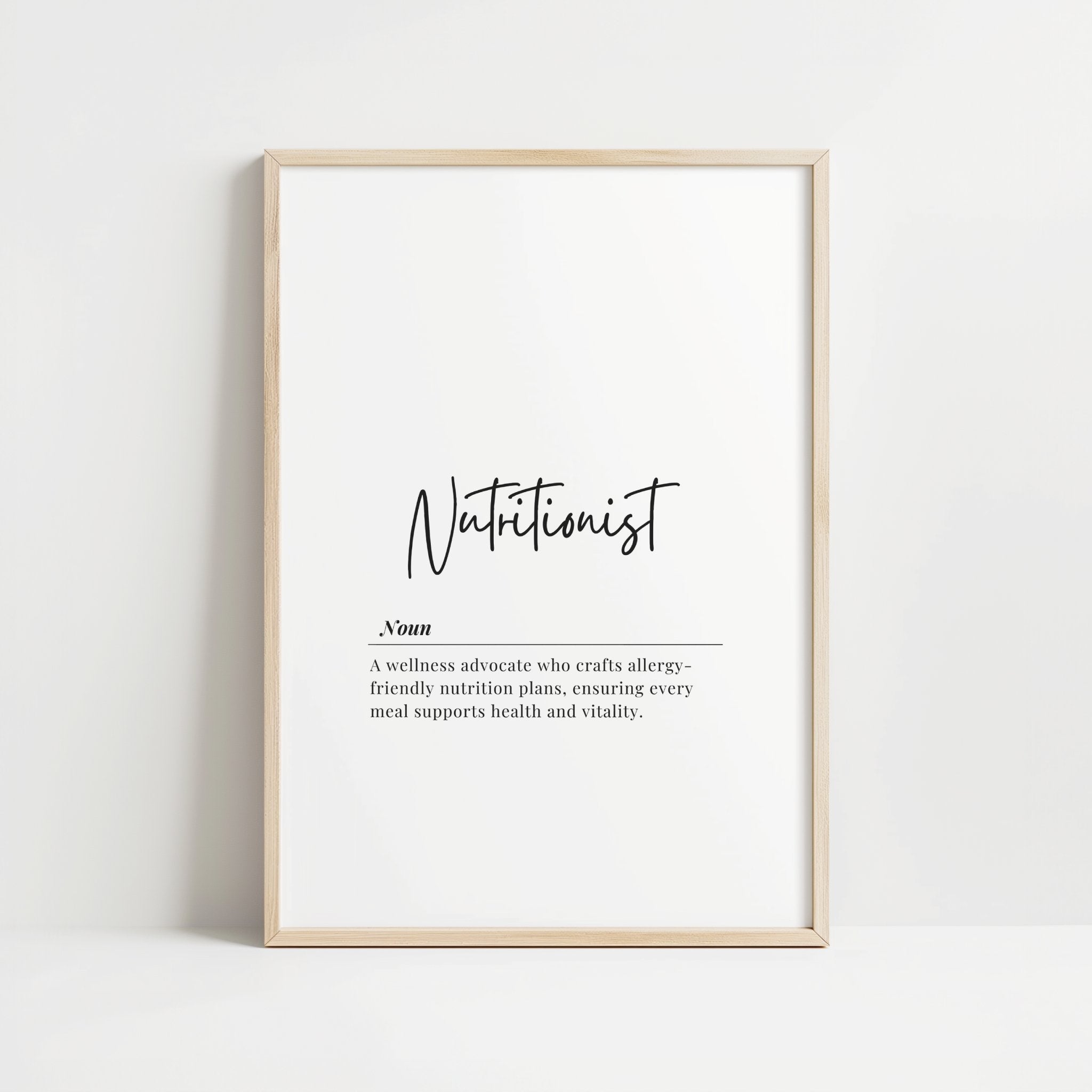 Minimalist black and white typography print featuring 'Nutritionist' in stylish script with its definition, showcasing clean lines and balanced layout ideal for professional healthcare environments.
