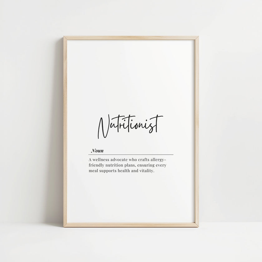 Minimalist black and white typography print featuring 'Nutritionist' in stylish script with its definition, showcasing clean lines and balanced layout ideal for professional healthcare environments.
