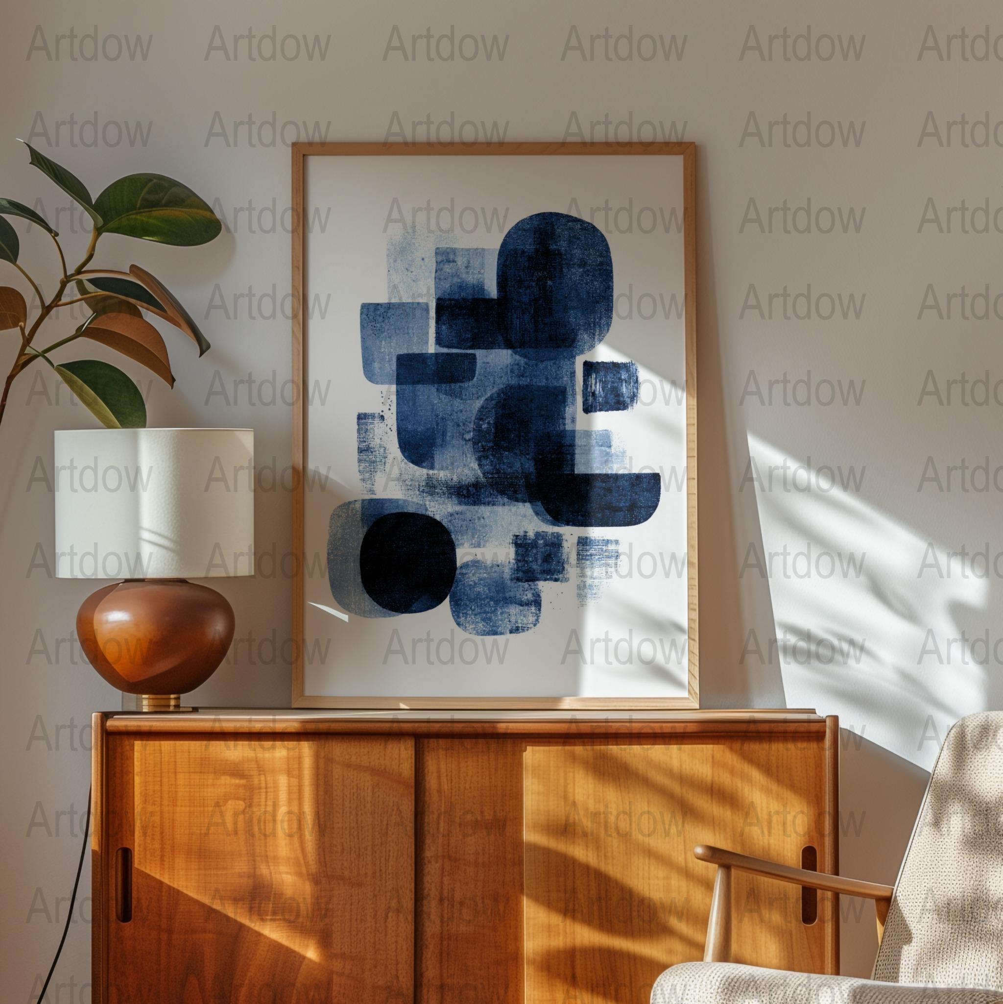 Modern Blue Abstract Art Print, Minimalist Geometric Wall Decor, Large Framed Poster for Living Room or Office