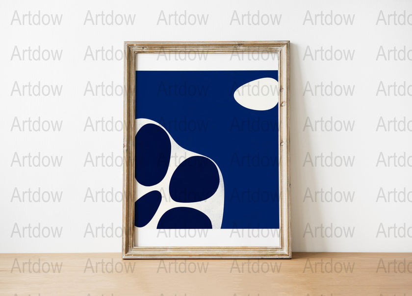 Modern abstract design featuring flowing navy blue and crisp white shapes against a blue background, creating a balanced, peaceful composition ideal for minimalist contemporary spaces.