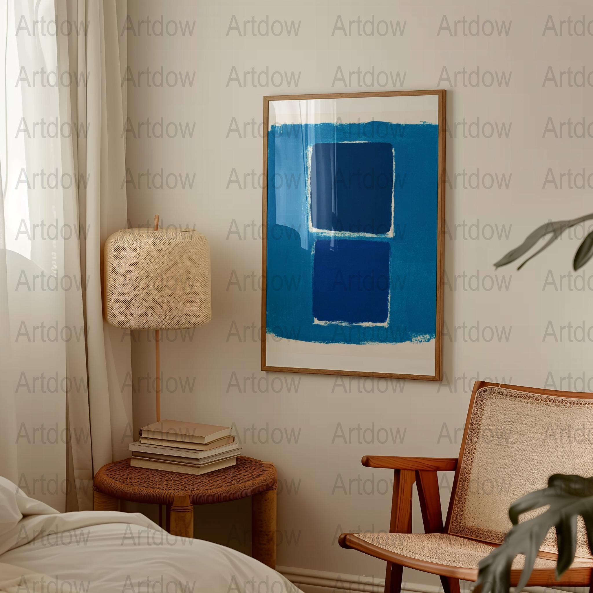 Modern abstract digital print featuring overlapping dark blue rectangles with vibrant azure and cobalt tones against textured white background, creating a serene yet sophisticated geometric composition.