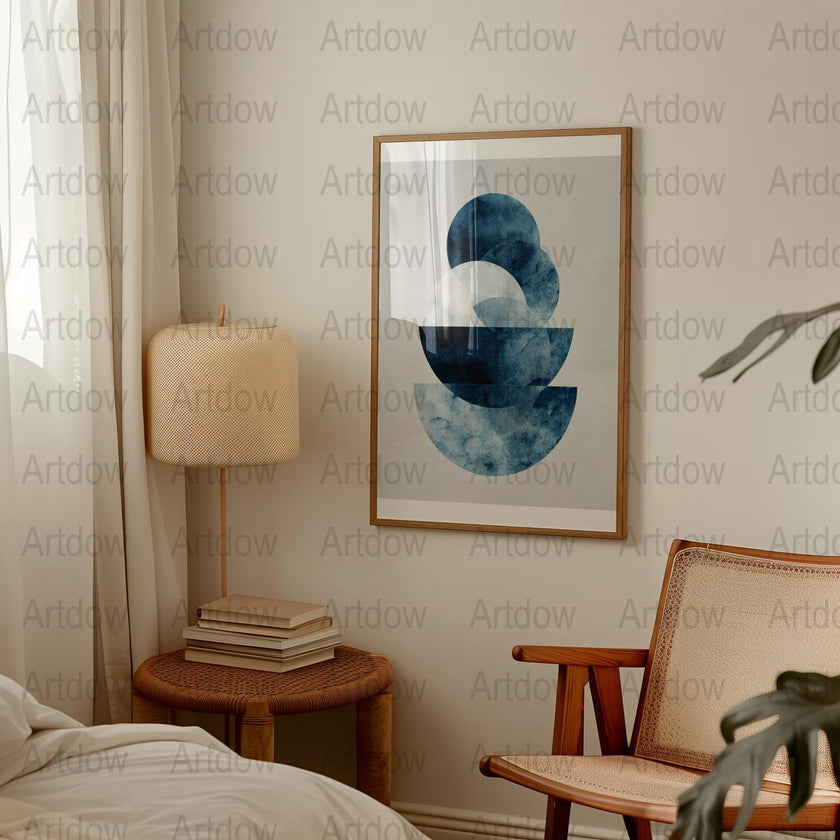 Abstract geometric indigo and white watercolor circles creating a harmonious, peaceful composition with layered textures against a soft off-white background, perfect for minimalist modern spaces.