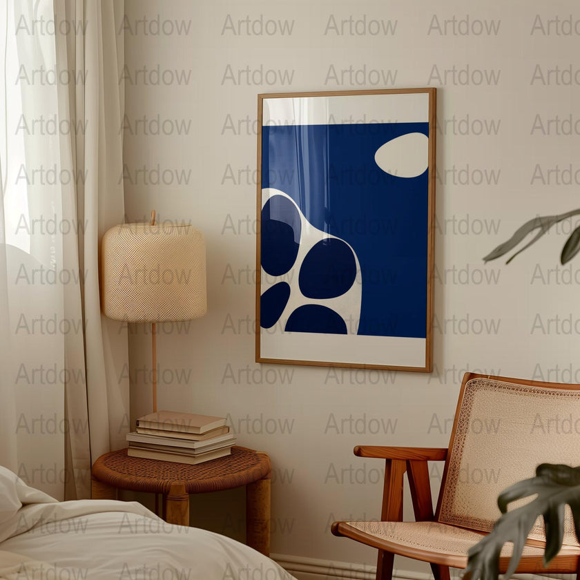 Modern abstract design featuring flowing navy blue and crisp white shapes against a blue background, creating a balanced, peaceful composition ideal for minimalist contemporary spaces.