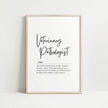 Elegant black typography on white background featuring 'Veterinary Pathologist' in flowing script with professional definition, framed in light wood, creating a calming and sophisticated clinical aesthetic.