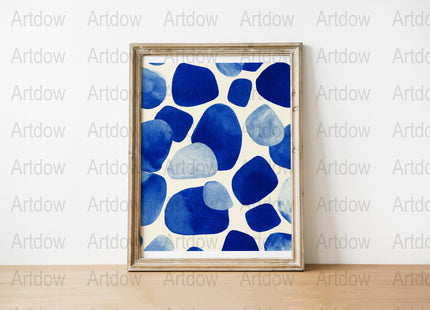 Modern abstract digital print featuring organic blue shapes with watercolor texture on white background, creating a calming, balanced composition perfect for minimalist Scandinavian interiors.