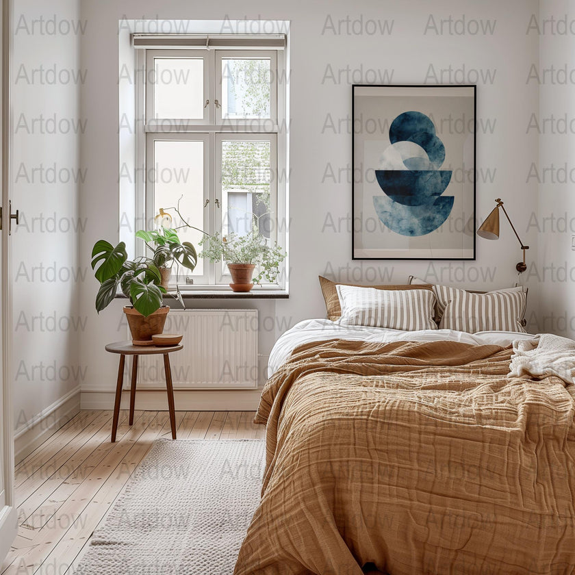 Abstract geometric indigo and white watercolor circles creating a harmonious, peaceful composition with layered textures against a soft off-white background, perfect for minimalist modern spaces.