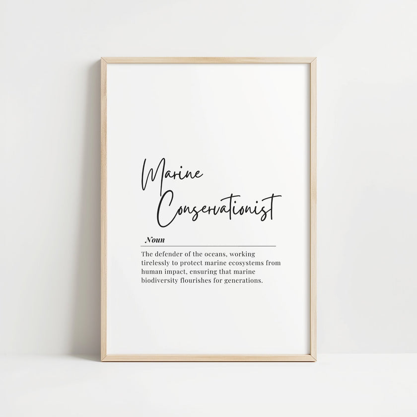 Elegant black script 'Marine Conservationist' text on white background with serif definition text, creating a clean minimalist design perfect for environmental offices and educational spaces.