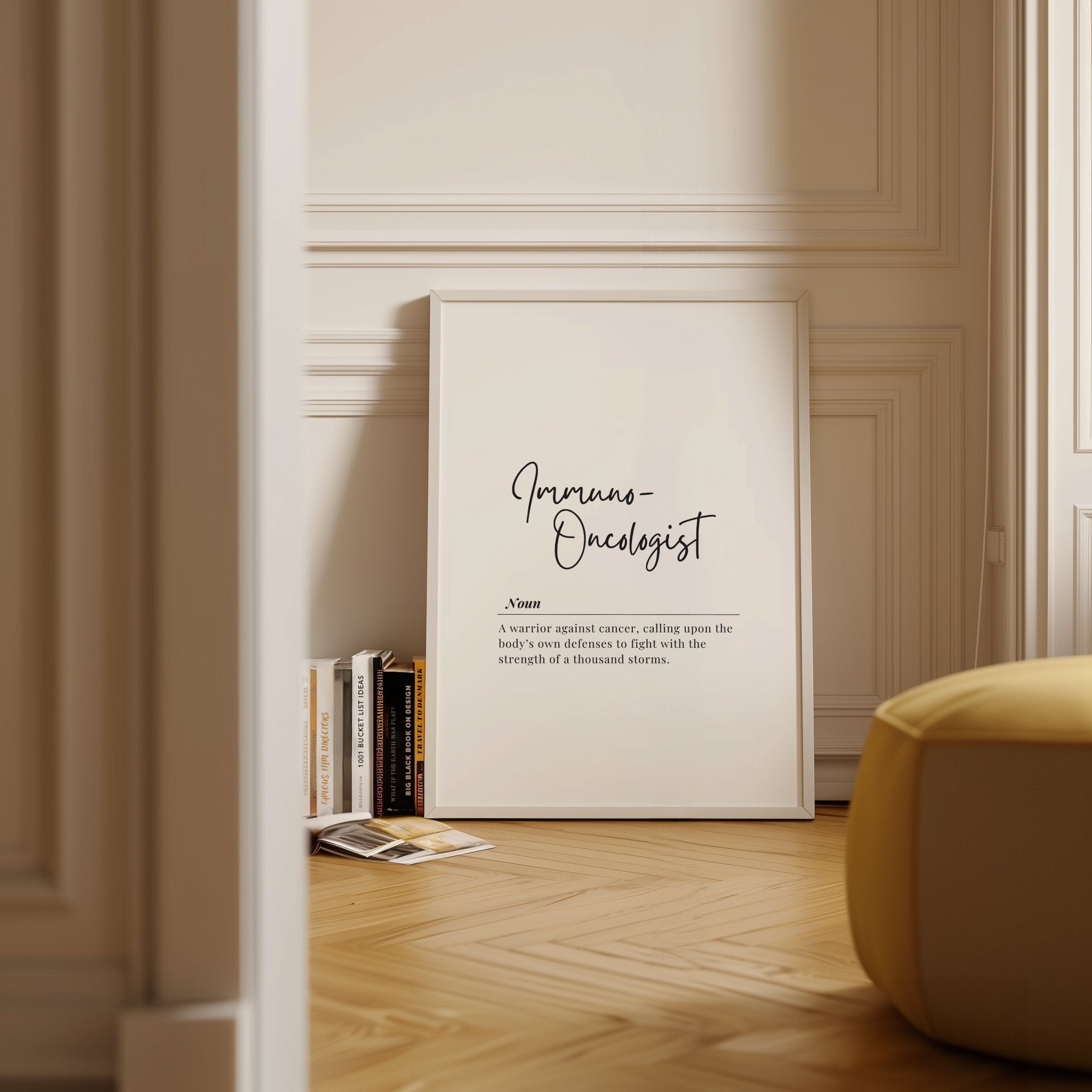 Elegant black script typography displaying 'Immuno-Oncologist' definition against clean white background with contrasting serif font details, creating a sophisticated professional medical art piece.